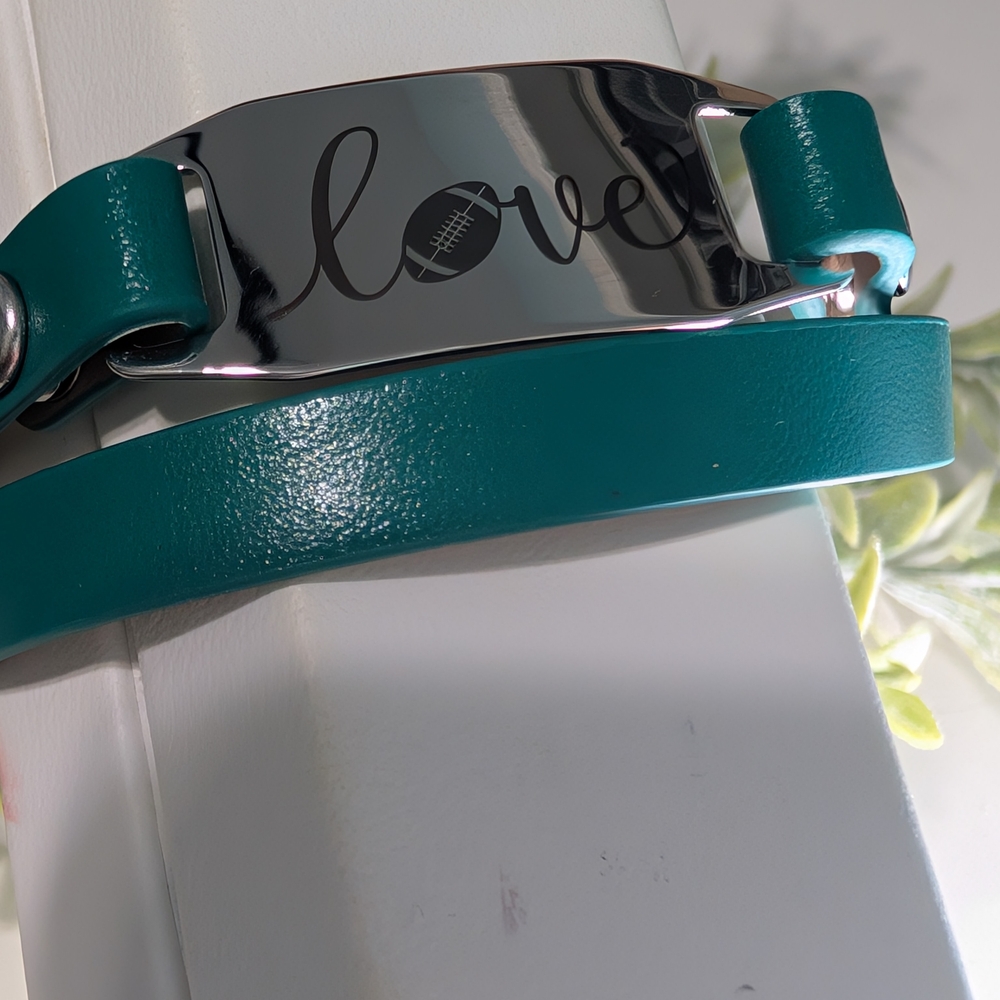 Origami Owl Green and Silver Football Love Leather Wrap  Bracelet